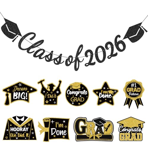 Class of 2026 Graduation Decorations Kit - Black & Gold Banner & Cutouts