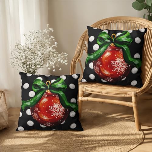 Christmas Pillow Covers Set of 2 - 18x18 Inch Red & Green Xmas Balls