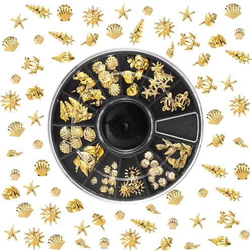 Isslly Gold Ocean 3D Nail Charms - 12 Styles Beach Starfish & Seashell Metal Decals