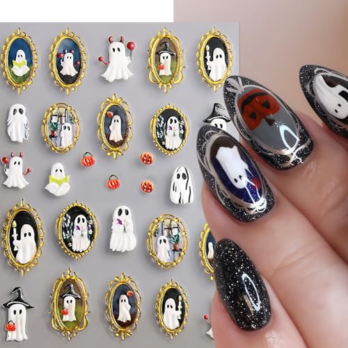 5D Halloween Nail Stickers Ghost Spider Web Self-Adhesive Decals 2Pcs