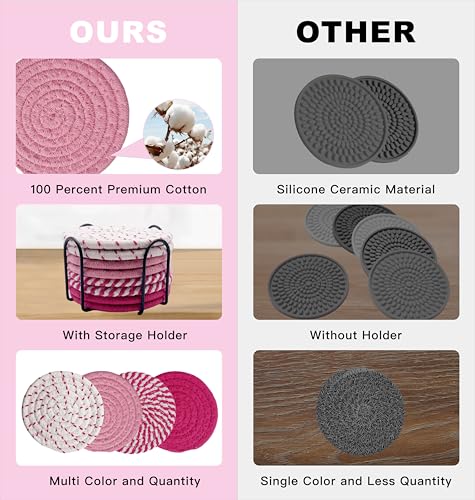 8 Pack Handmade Pink Coasters - Absorbent Cotton Drink Coasters for Desk & Coffee Table