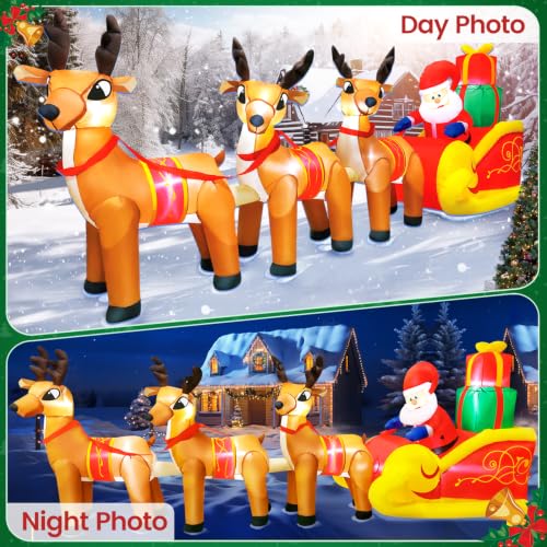 12FT Christmas Inflatable Santa Claus with 3 Reindeer Scene Outdoor Decor - Durable & Lighted