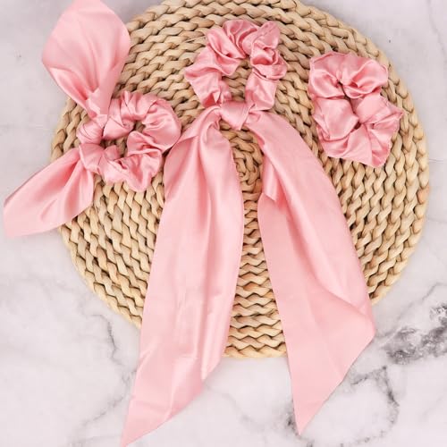 Esitrormi 3-Piece Pink Satin Hair Scrunchies with Bow and Ribbon