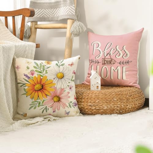 AVOIN colorlife Daisy Butterfly Throw Pillow Covers, 18x18 Pink, Set of 4
