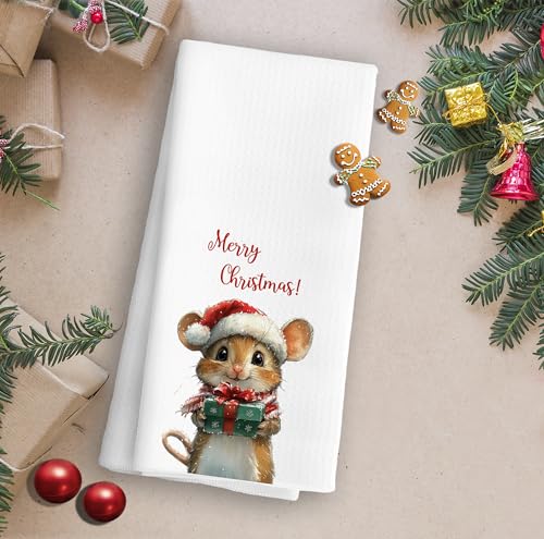 Christmas Mouse Kitchen Towel White - Soft Absorbent Holiday Hand Towel 16x24 Inches