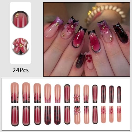 3D Floral Press on Nails Long Square Black French Tip False Nails