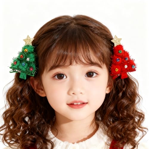 CRIZAN Christmas Tree Hair Clips Green and Red Velvet Holiday Duckbill Clips Set of 8