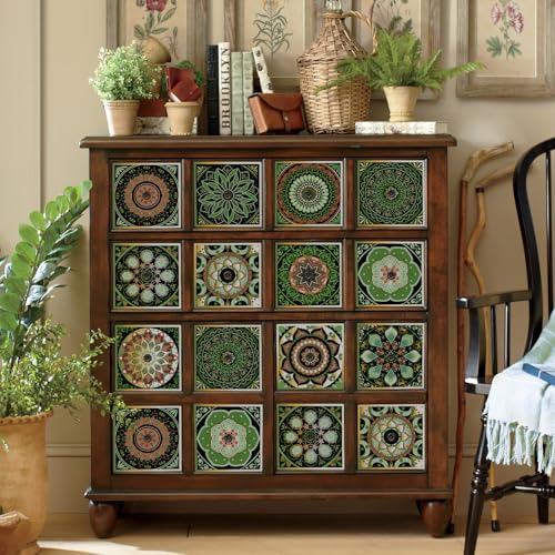 Mandala Tile Stickers 4x4IN - 24Pcs Green Peel & Stick Vinyl Tiles