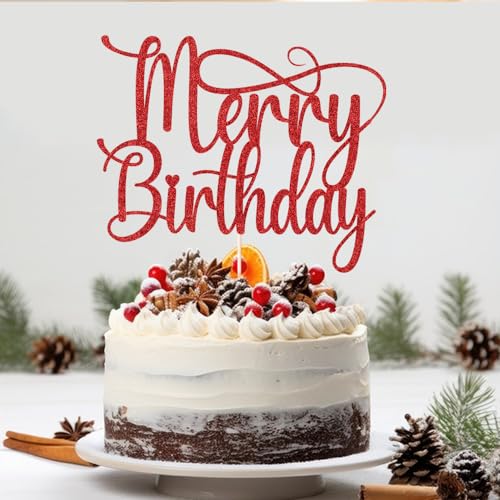 Red Glitter Merry Birthday Cake Topper for Christmas Parties