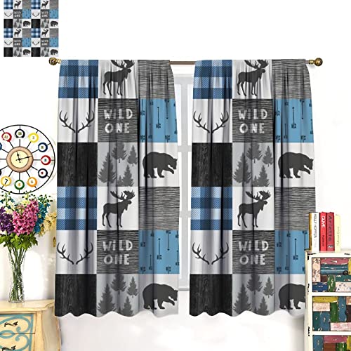 Moose Bear Bedroom Curtains - 26x84 Inch Pack of 2, Grey Blue Plaid Deer Silhouette Room Darkening Drapes, Holiday Christmas Decor
