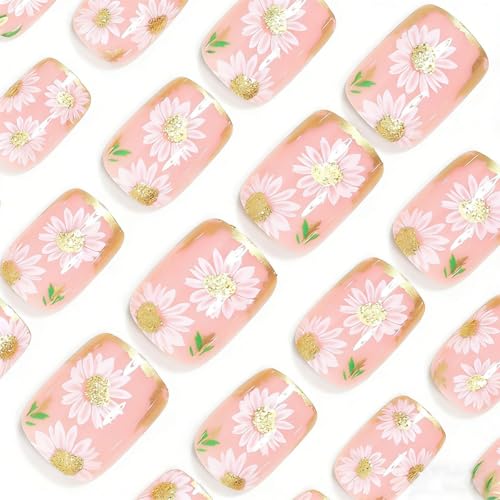 Short Square Press on Nails Cute Daisy Flower Glossy Fake Nails 24Pcs