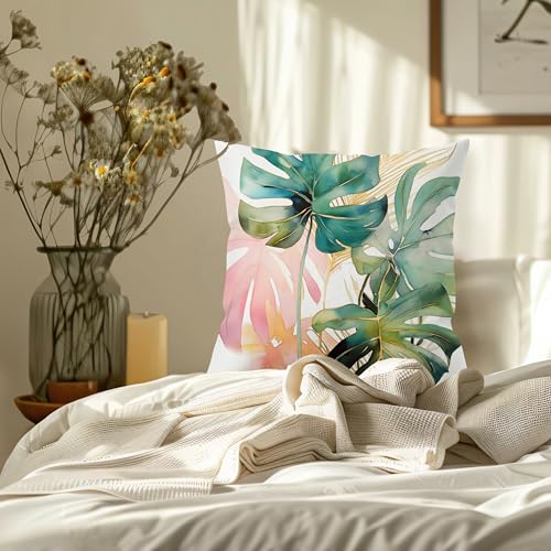 Tropical Monstera Leaf Throw Pillow Cover 18x18 - Boho Plant Design