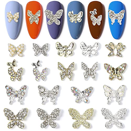 WOKOTO 36 Pcs 3D Butterfly Nail Charms Gold and Silver Rhinestones