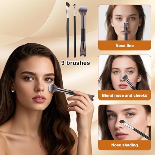 BOXOB 3pcs Sculpting Dual-End Nose Contour Brush Set with U-Shaped and Angled Makeup Brushes