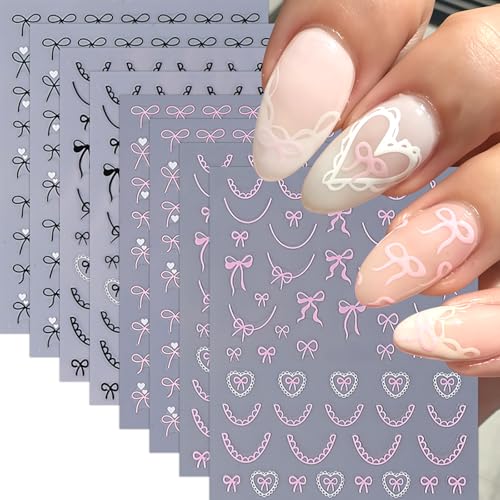 SHUXILIN Heart Bow Nail Stickers 8 Sheets Self-Adhesive Pink White Ribbons