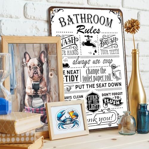 Hesanqian Black Vintage Bathroom Rules Metal Wall Sign 8x12 Inch