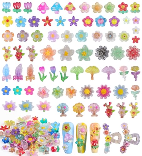 Kikonoke 200PCS Clear Glitter Flower Nail Charms 3D Resin Floral Art
