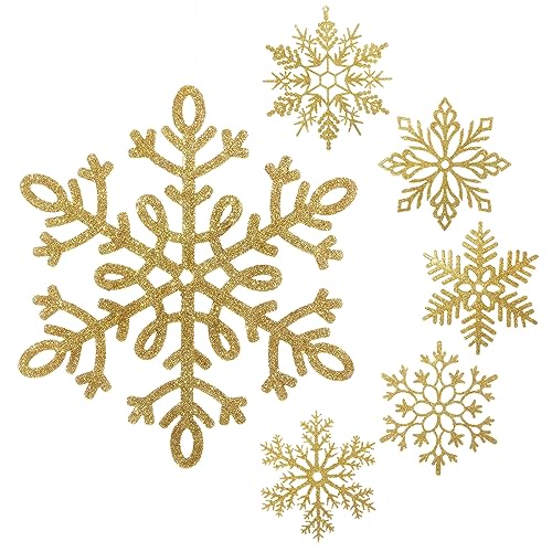 Gold Glitter Snowflake Ornaments Set - 24 Large 12" Plastic Winter Christmas Decorations