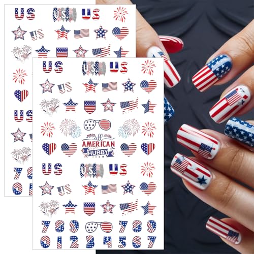 4th of July Nail Stickers 6 Sheets - 3D Self-Adhesive American Flag Decals