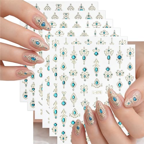 Porszova Embossed Gemstone Nail Stickers - 6 Sheets Blue Gold Nail Decals