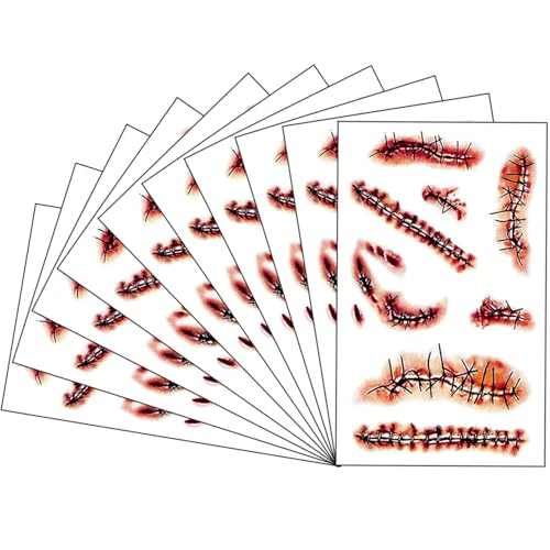 LENOAPHYS 10 PCS Chucky Halloween Temporary Tattoos Waterproof Scar Fake Blood