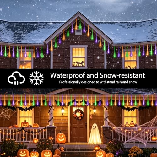 Outdoor LED Meteor Shower Icicle Lights - 12-inch Waterproof String Lights with 10 Tubes - Orange Purple Green Variation