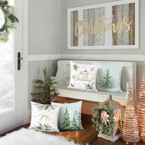Bonhause Christmas Tree Throw Pillow Covers 18x18, Set of 4 Velvet Xmas Decor
