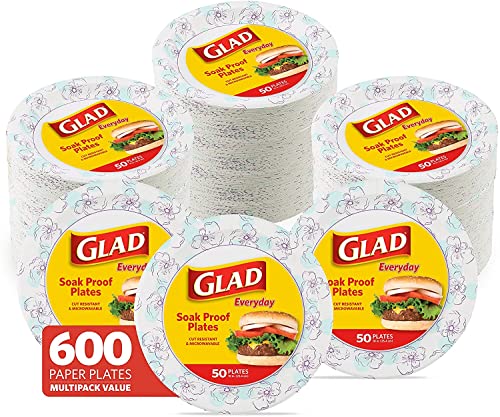 Glad 10-Inch Heavy Duty Paper Plates, Blue Flower Design, 600 Count (12-Pack)