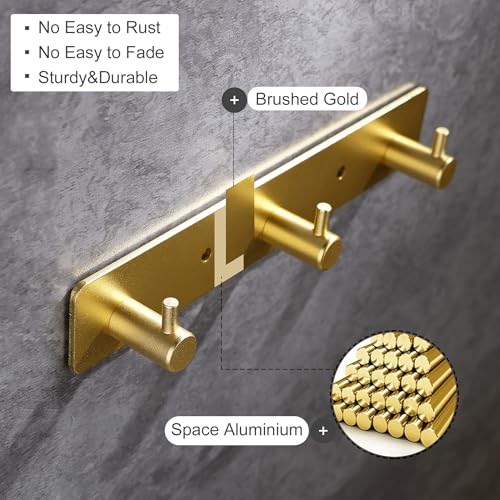Gold Wall Hooks - 3 Brushed Gold Adhesive Key Hook Rack