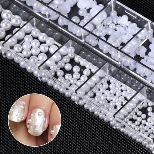 Nail Pearls 12 Grids Flatback White Pearl Charms for Manicure and DIY Crafts