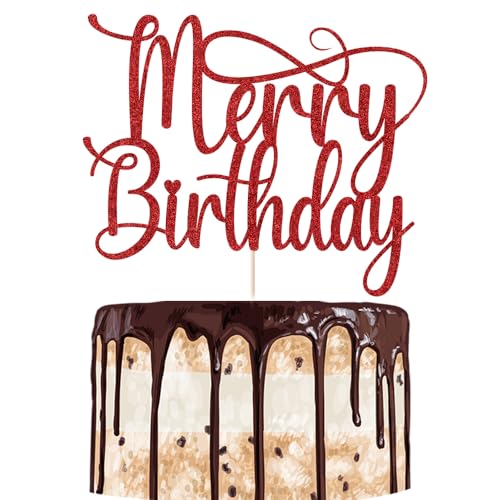 Red Glitter Merry Birthday Cake Topper for Christmas Parties
