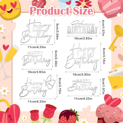 Silver 6Pcs Acrylic Happy Birthday Cake Toppers Set