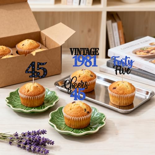45th Birthday Cupcake Toppers Vintage 1981 Blue Party Picks 24 Pcs
