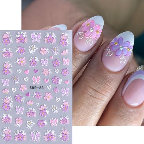 KAICCOSO 5D Embossed Floral Nail Art Stickers Butterfly Daisy Decals 2Pcs