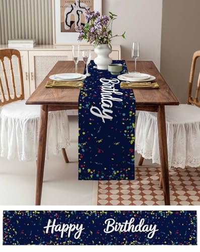 Navy Blue Happy Birthday Table Runner 13 x 36 Inches Polka Dot Celebration Decor