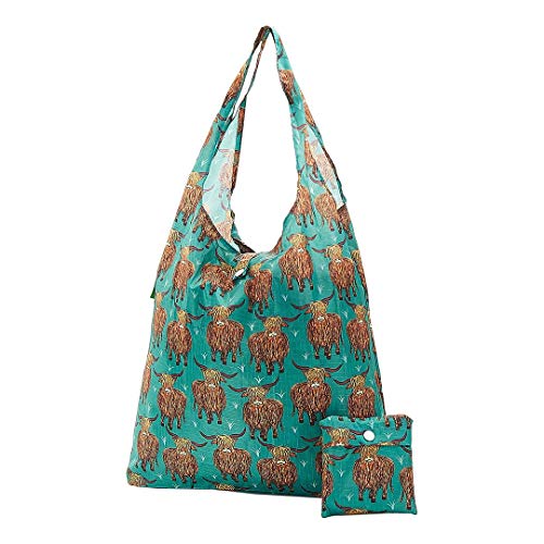 ECO CHIC Foldable Reusable Grocery Bag Highland Cow Teal Lightweight Waterproof Tote