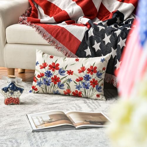 4th of July Flowers Throw Pillow Cover - 12x20 Inch Patriotic Decor