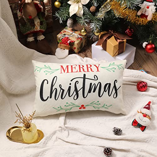 Merry Christmas Lumbar Pillow Cover, Holly Berry Linen 12x20 Inch - White