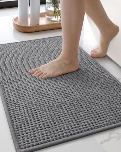 16"x24" Grey Waffle Chenille Bathroom Rug - Ultra Absorbent & Non-Slip