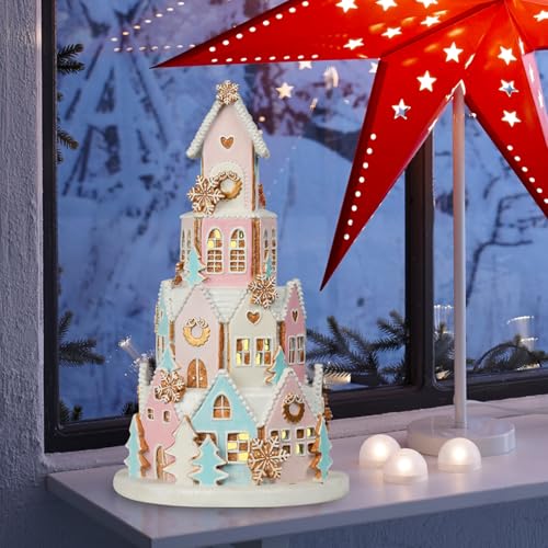 Pink Gingerbread House Christmas Decor with LED Lights - Indoor Village
