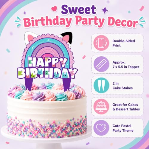 Dollhouse Cake Topper for Girls Birthday Party, Cat Rainbow Design