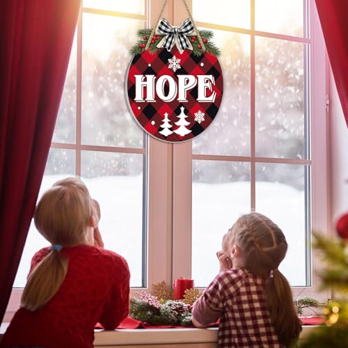 Christmas Hanging Sign Decorations Set - Red & Black Plaid Wreaths Door Sign, 6 Pieces