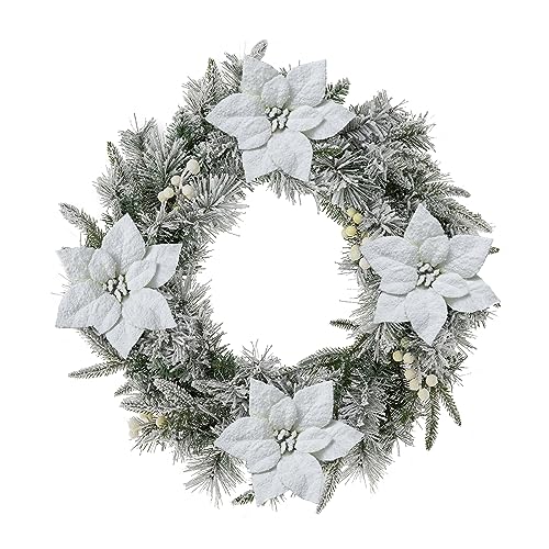 Poinsettia 24-Inch Christmas Wreath with Lights and Timer - Snow Flocked Greenery