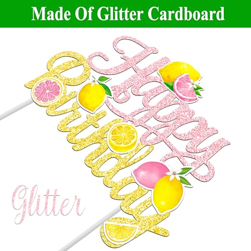 Pink & Gold Glitter Lemon Happy Birthday Cake Topper