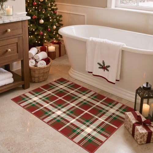 Christmas Entryway Rug - Red Plaid Doormat, Washable Holiday Floor Mat, 2x3 ft Ivy Variation