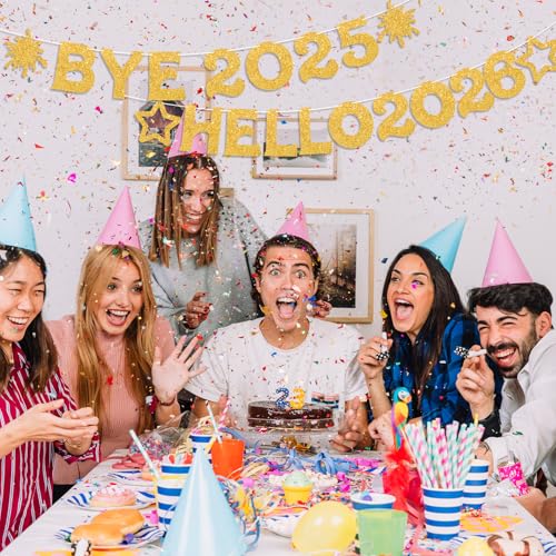 Bye 2025 Hello 2026 New Year Banner - Sparkling Gold Decorations