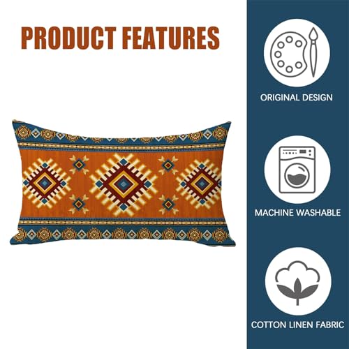 Southwest Native American Lumbar Pillow Cover, Blue Brown Geometric 12x20
