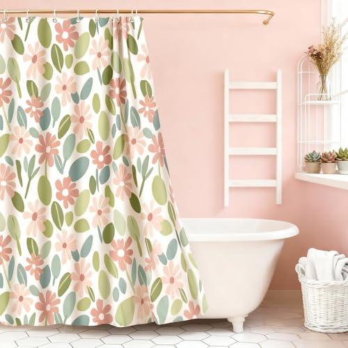 Pink & Green Floral Shower Curtain, Waterproof 180x180cm