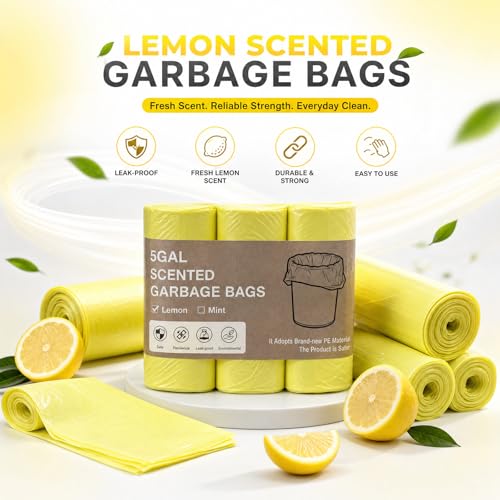 5 Gallon Scented Trash Bags - 60 Count Fresh Lemon, Durable Design