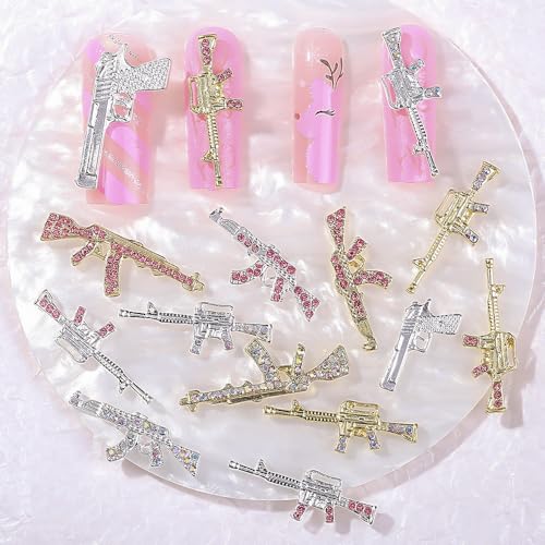 Y2K Punk Gun Nail Charms 15pcs Silver & Gold Rhinestone AK Nail Art